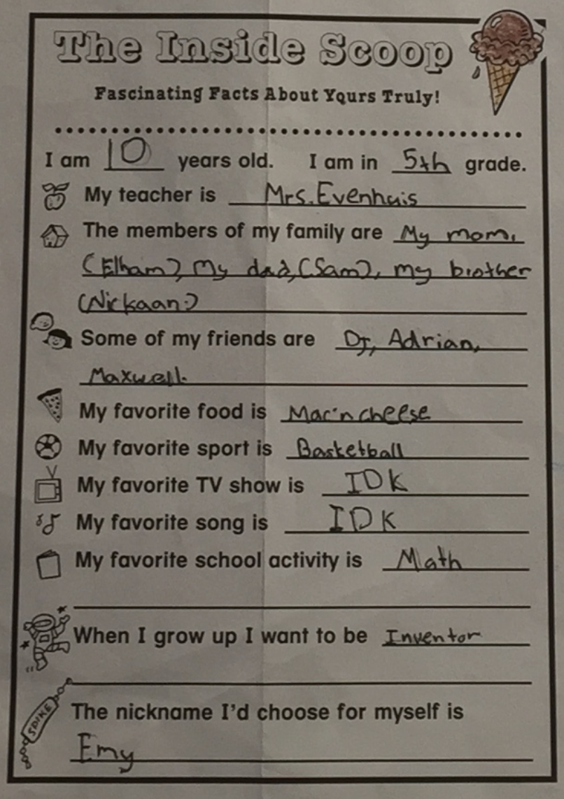 A childhood &ldquo;all about me&rdquo; worksheet